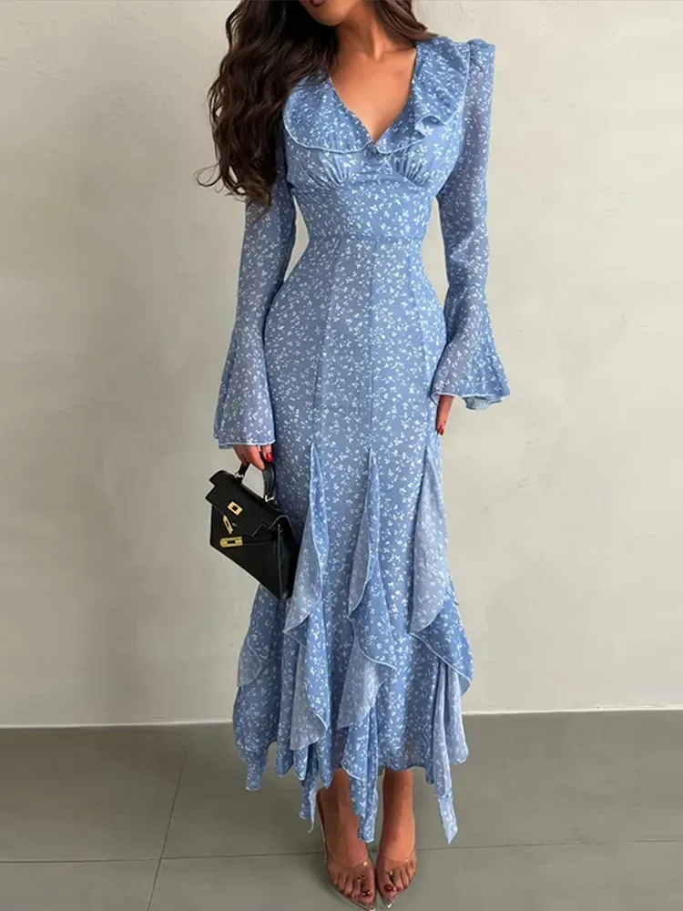 Gaun Panjang Kerah V Motif Wanita Gaun Maxi Slim Fit Pinggang Tinggi Tepi Daun Teratai Lengan Menyala Gaun Pesta Malam Elegan Wanita