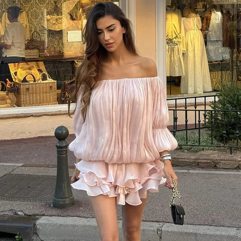 Ticketsx Yaz Parlak Bir Omuz Sıska Pileli Mini Elbise Zarif Katı Dantelli Uzun Kollu vestidos Bayan Parti Abiye