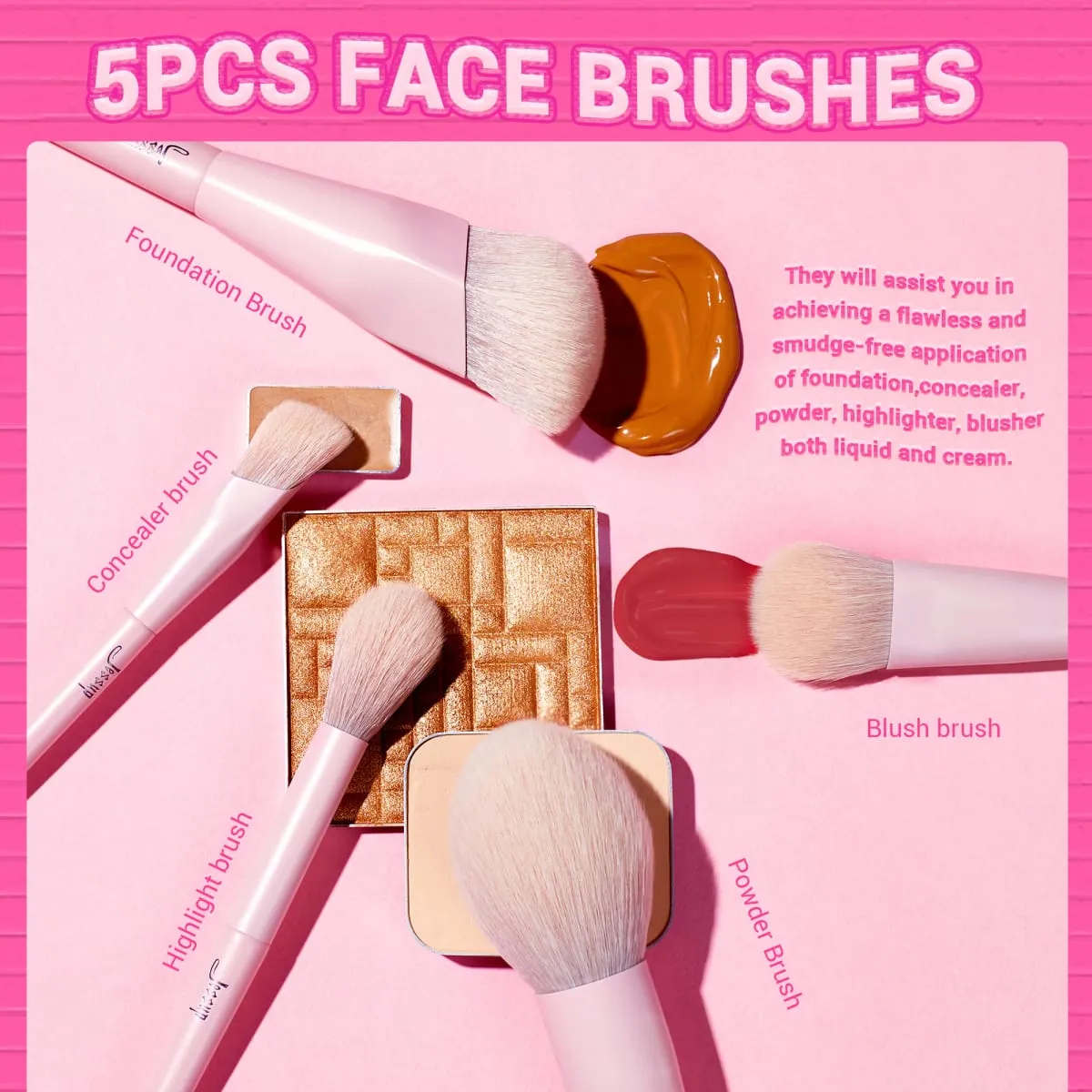 Jessup Pink Berus Mekap Set 14pcs Berus Mekap Premium Vegan Foundation Blush Eyeshadow Liner Berus Campuran Serbuk T495