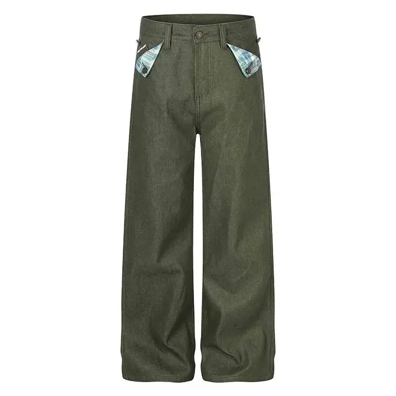 American Retro Style Army Green Wide Leg Jeans For Men Women Loose Versatile Casual Floor Length Denim Long Pants 9X4198 — image 2