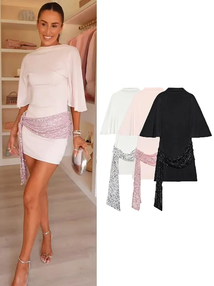 Women Sequin Patchwork Dress Elegant Wide Sleeve Backless Mini Dresses New Fashion Evening Party Slim Lady Outfits — image 1