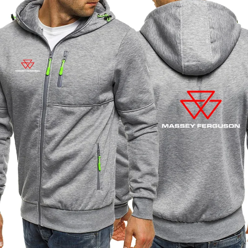 2025 Spring Autumn Massey Ferguson Print Popular Solid Color Zip Hooded Jacket Men's Trendy Comfortable Loose Drawstring Hoodies