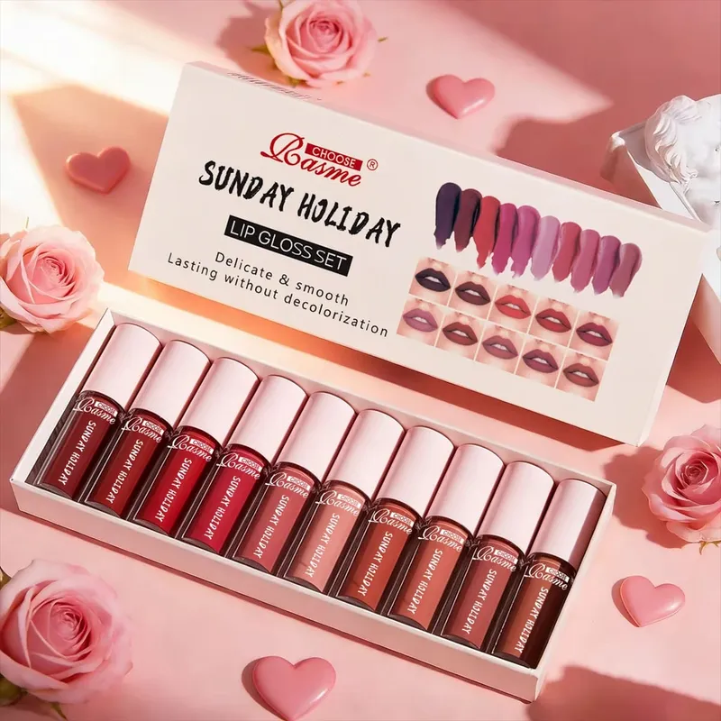 10 Color Mouth Red Lip Glaze Makeup Set Exquisite Practical Portable Lipgloss Lipstick Set Valentine's Day Gift