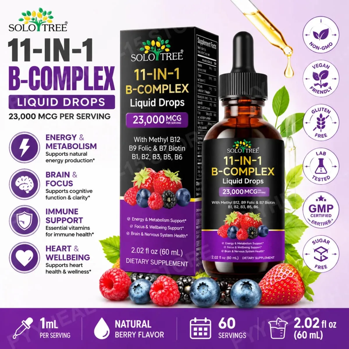 11-in-1 B Complex Liquid Drops with Methyl B12 Folate Biotin for Daily Energy Metabolism Brain Focus & Immune Support 60ml — image 1