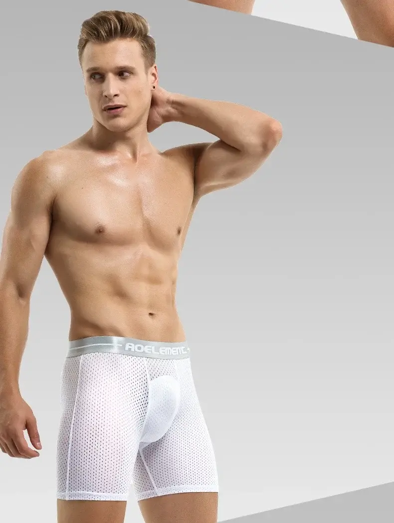 Professional sports men's underwear lengthened anti-wear leg boxer shorts ice silk hollow breathable quick dry running long leg