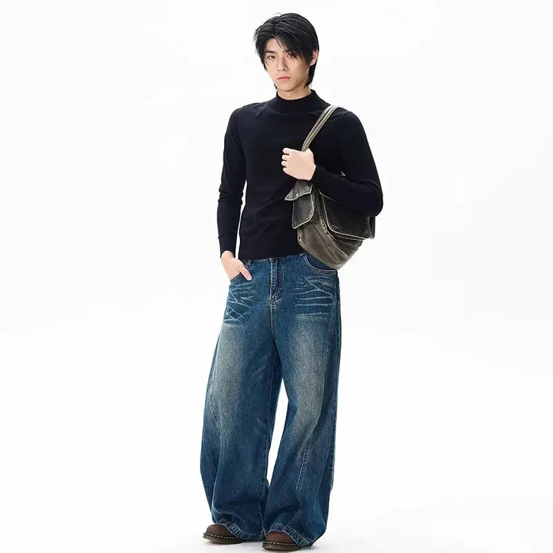Spring New Men'S Jeans Wide Leg Pants Loose Machete Jeans Vintage Lightning Cracked Denim Trousers — image 7