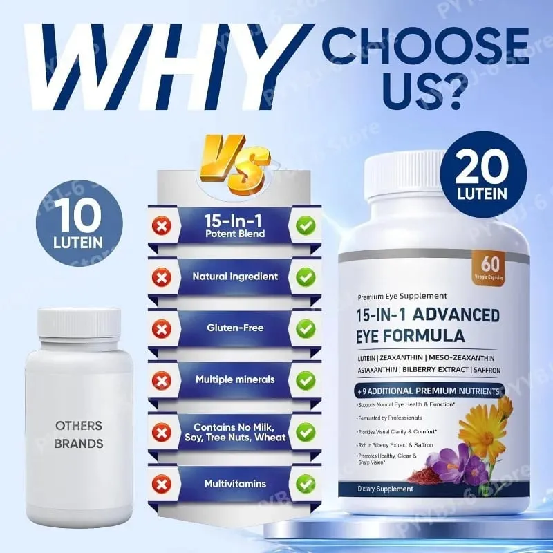 Fórmula avançada para os olhos 15 em 1, luteína, zeaxantina, extrato de mirtilo, vitamina C e E, apoia a saúde ocular, 60 cápsulas vegetais para adultos — image 5