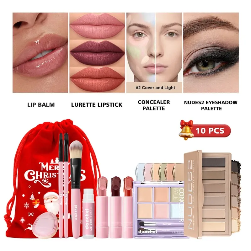 10Pcs Lip Balm Lipstick Concealer Palette Nudes Eyeshadow Palette Makeup Brushes Xmas Drawstring Bag Woman Makeup Christmas Gift