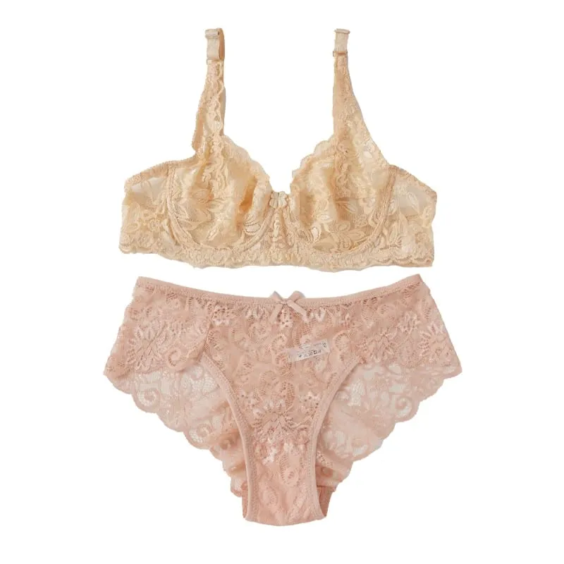 Women's Sexy Lace Thin Bras Suit Non-pad Exquisite Push-up Bra Solid Breathable Underwire G-String Panties Underwear Set