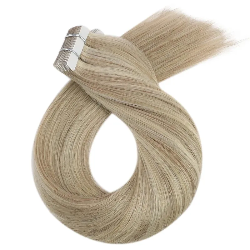 Moresoo Tape in Hair Extensions Brazilian Human Hair Real Natural Balayage Blonde Ombre Hair Straight Machine Remy Hair Tape Ins