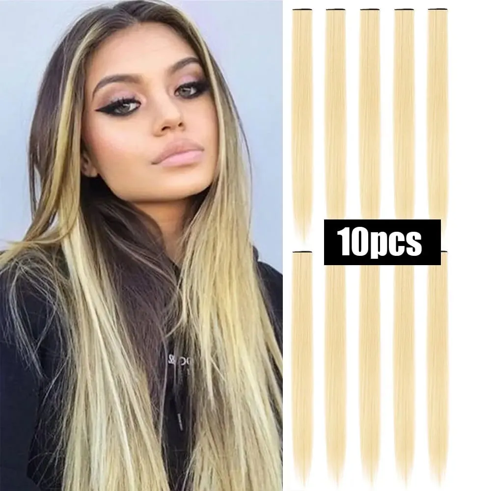 10 PCS Colored Hair Extensions Straight Hairpiece Multi-colors Party Highlights Clip in Synthetic for Women Girls Cosplay Gift