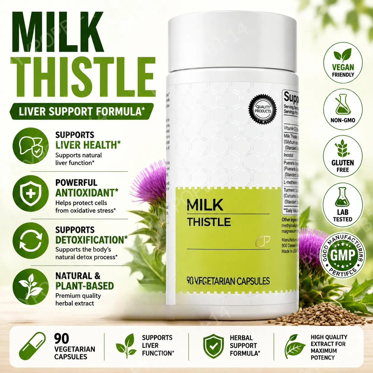 Mjölktistelextrakt 300 mg kapslar med vitamin C Inositol örttillskott 90 kapslar icke-GMO glutenfria