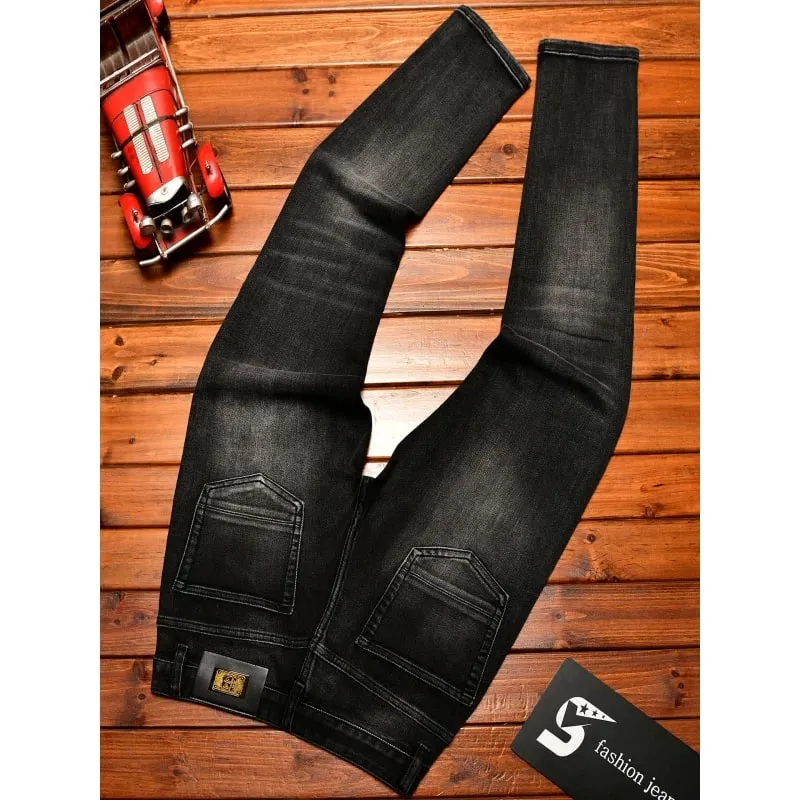 Design de decoração de metal preto jeans masculino na moda rasgado moda retro nostálgico rua magro ajuste calças magras — image 5