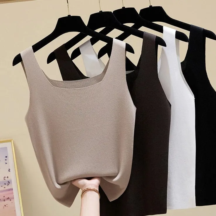 Summer Off Shoulder Tank Tops Women Fitness Short Camis Vest Female Knitted Sexy Square Collar Solid Crop Tops