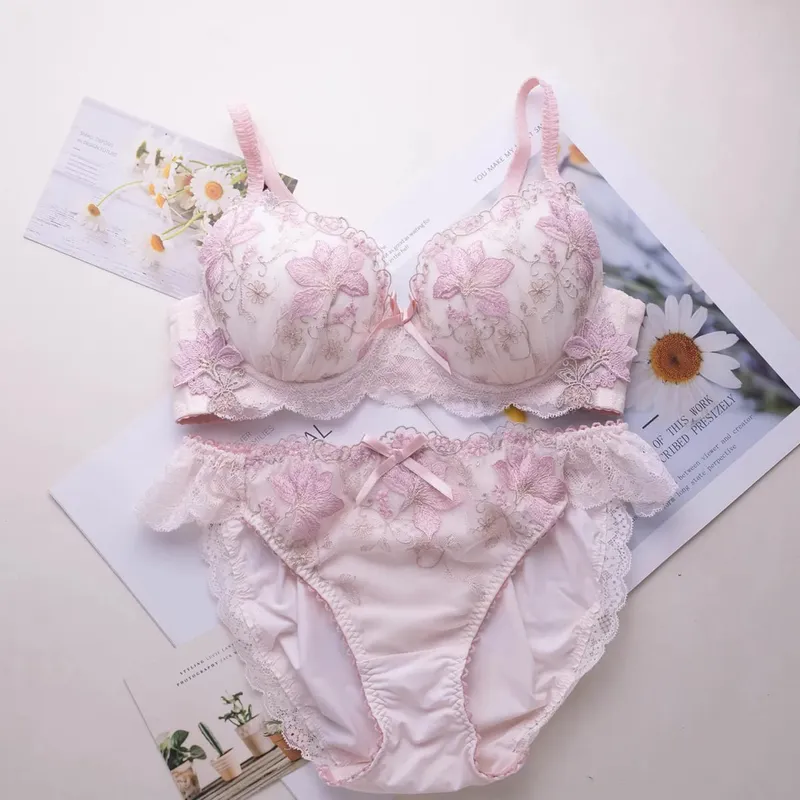 Conjunto de lingerie doce estilo japonês, conjunto de sutiã fino bordado com copo raso tipo 2