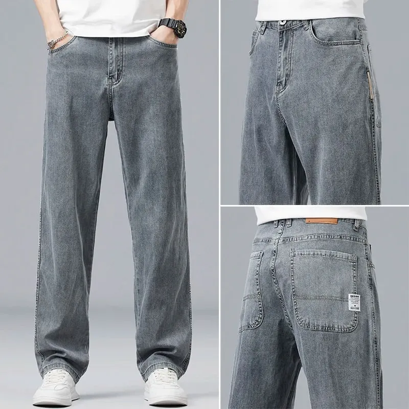 Summer Ultra-thin Lyocell Men's Jeans Drape Soft Fabric Loose Straight Casual Denim Pants Elastic Ice Silk Male Trousers