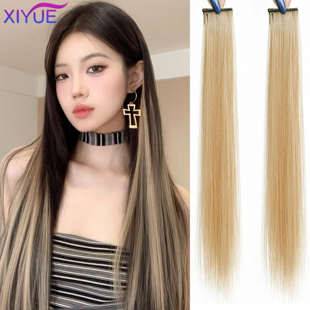 2pcs/pack Synthetic Colored Party Highlights Clip in Hair Extensions for Girls 24 inches Multi-colors Straight Hair Synthetic Ha