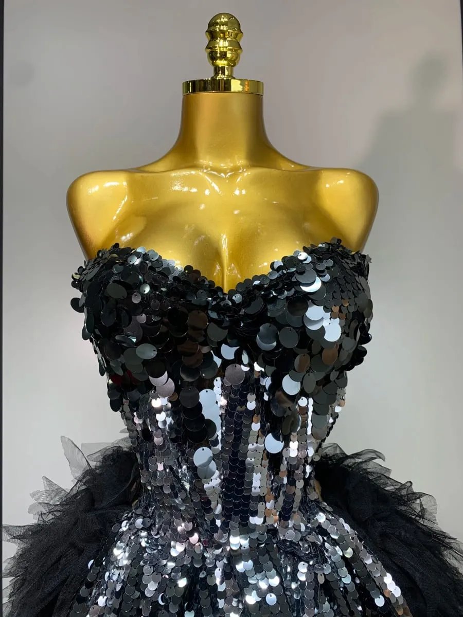 Sparkly Black Sequins Two Pieces Set for Women Party Evening Prom Celebrate Birthday Photo Shoot Dress Nightclub Dance Costume