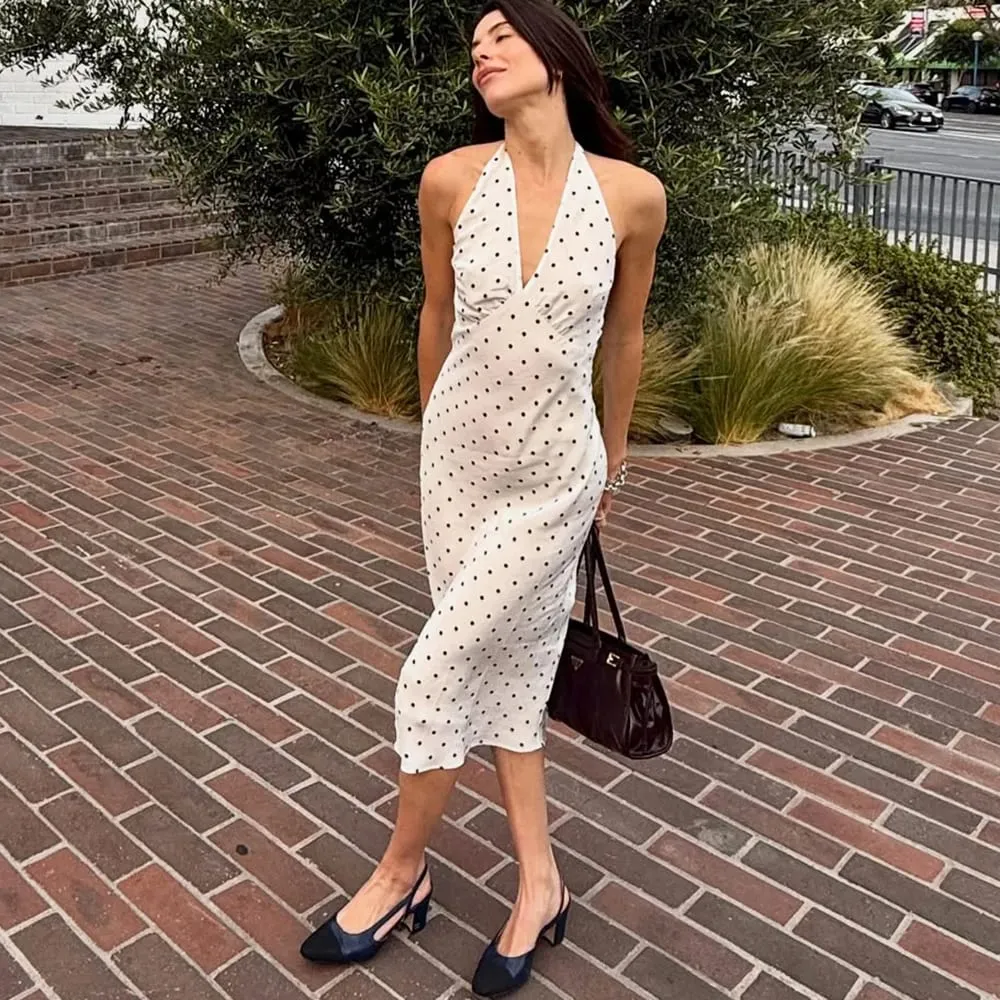 Tuularose Polka Dot Gantung Leher Gaun Panjang Wanita Elegan Tanpa Tali Seksi Lace-up Tanpa Belakang Tanpa Belakang Pakaian Pesta Kelab Fesyen