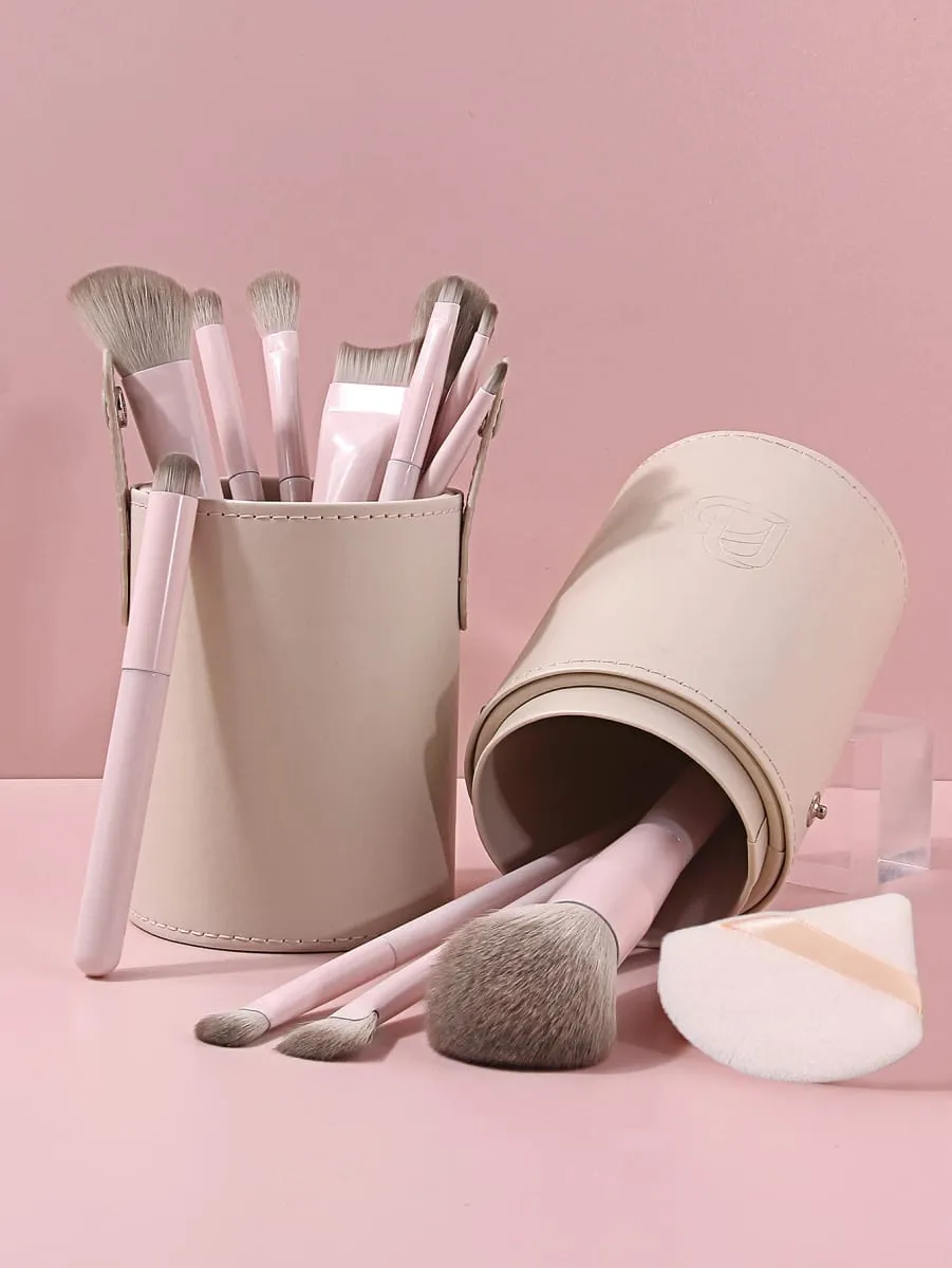 15Pcs Makeup Brushes Set with Storage Bucket & Triangle Powder Puff Foundation Blush Eyeshadow Contour Full Face Makeup Tools