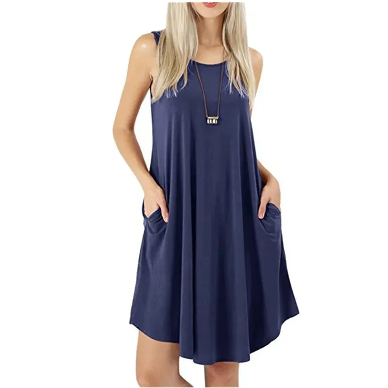 Women Black Blue Dresses Summer Casual Sleeveless Round Neck Long T Shirt Dresses Sundress Beach Tank Loose Pockets Dress
