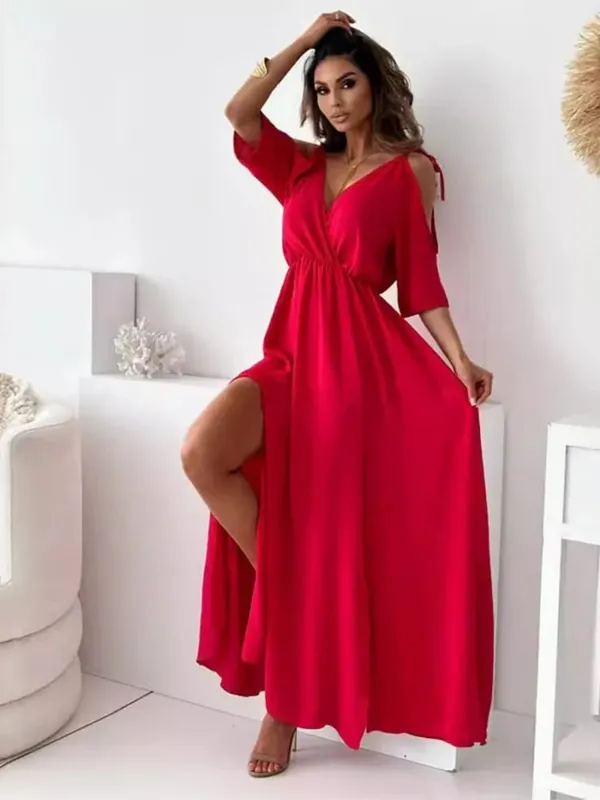 Musim Panas V-leher Skirt Slit Dress Len