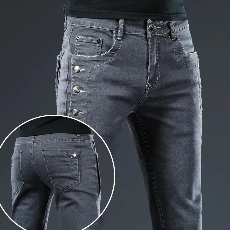 New Men Slim Button Black Skinny Jeans Solid Color Stretch Skateboard Multi-button Youth Male Denim Pants