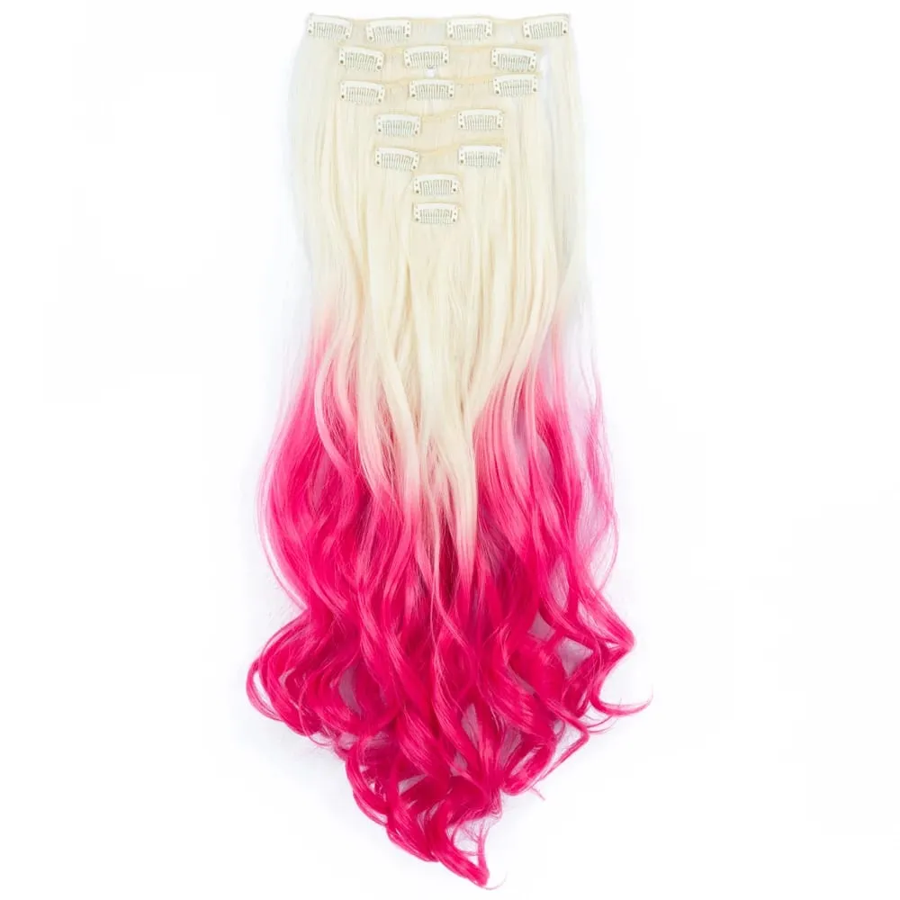 Clip in Long Wavy Synthetic Hair Extension 22 Inch Black 7PCS Thick Hairpieces Fiber Double Weft Hair for Women