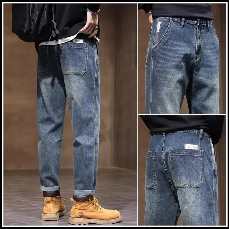 Spring Summer New Retro Men's Jeans Straight Leg Elastic Casual Versatile Classic Mid-Rise Long Pants Comfortable Fit