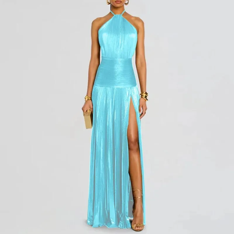 Zlaté sexy ohlávkové šaty s vysokými dělenými róbami Večerní šaty Dámské elegantní Jednobarevné duté řasené dlouhé šaty Jaro Léto Maxi šaty na zip bez zad