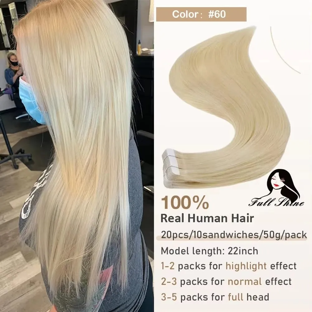 Full Shine Tape hajhosszabbításhoz 20 db Skin Weft Remy Straight Hair Ragasztó brazil hajra nőknek — image 20