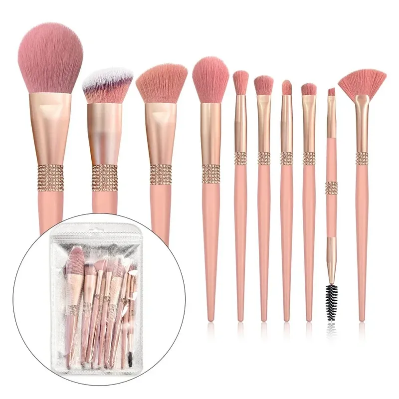 10pcs Diamond Makeup Brushes Set Cosmetics Blending Tool Powder Foundation Blush Highlight Eyeshadow Eyebrow Eyelash Brush