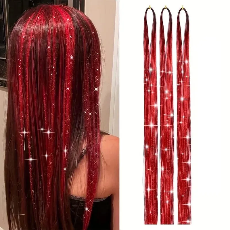 90cm Syntetisk 3st/set Regnbågsfärgat glänsande hår Laser Tinsel Långt rakt Värmebeständigt Fairy Hair Extension Party Dagligen