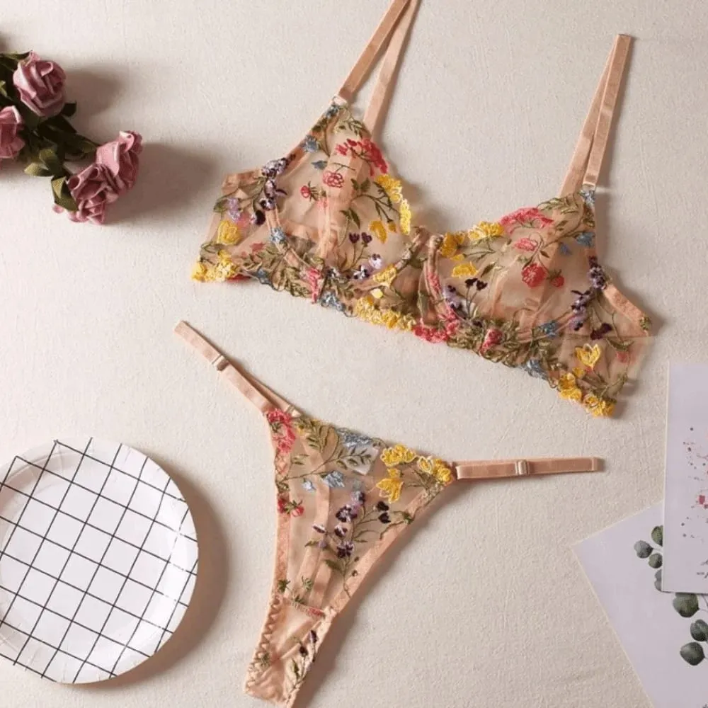2-Piece Versatile Floral Lingerie Set Embroidery Sheer Boho Bra Panty Set Intimates