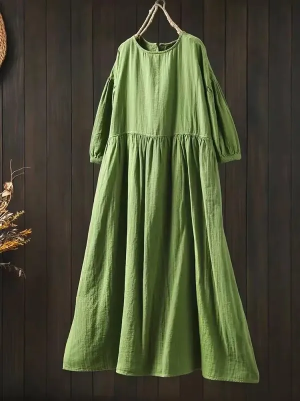 Johnature Women Vintage Cotton Dresses O-Neck Half Sleeve Soft Solid Color Robes 2025 Summer New Casual A-Line Female Dress