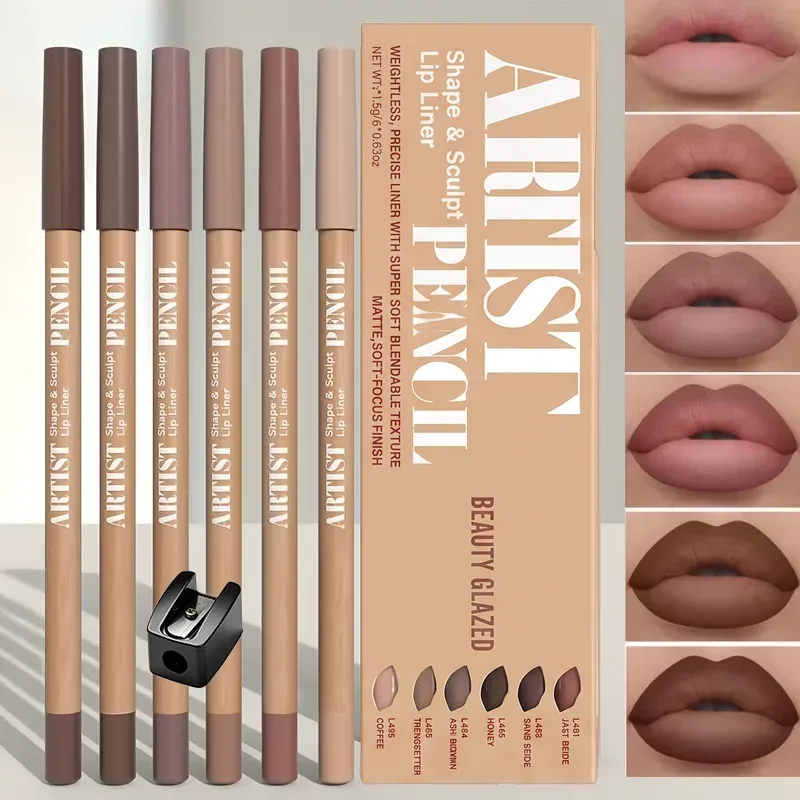 7pcs/Set Nude Lip Makeup Set: 6 Matte Lip Liners + Sharpener. Long-Lasting Matte Lip Liners With A Waterproof Lip Liners