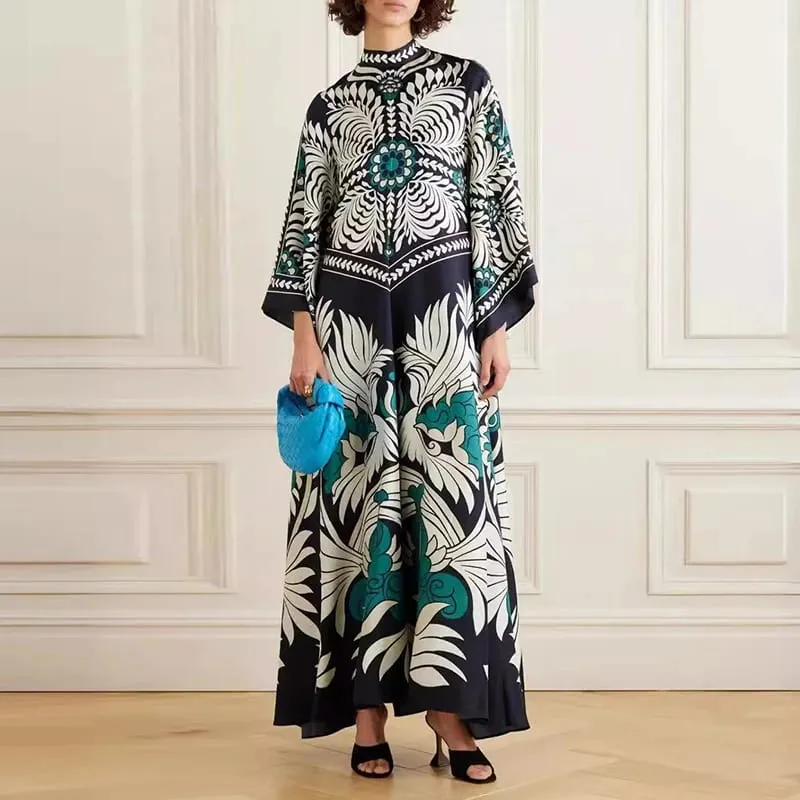 Ethnic ρετρό ανοιξιάτικο τύπωμα Boho μακρύ φόρεμα Γυναικείο σέξι όρθιο γιακά με κορδόνια φόρεμα φθινοπώρου μακρυμάνικο φαρδύ γυναικεία μάξι φορέματα