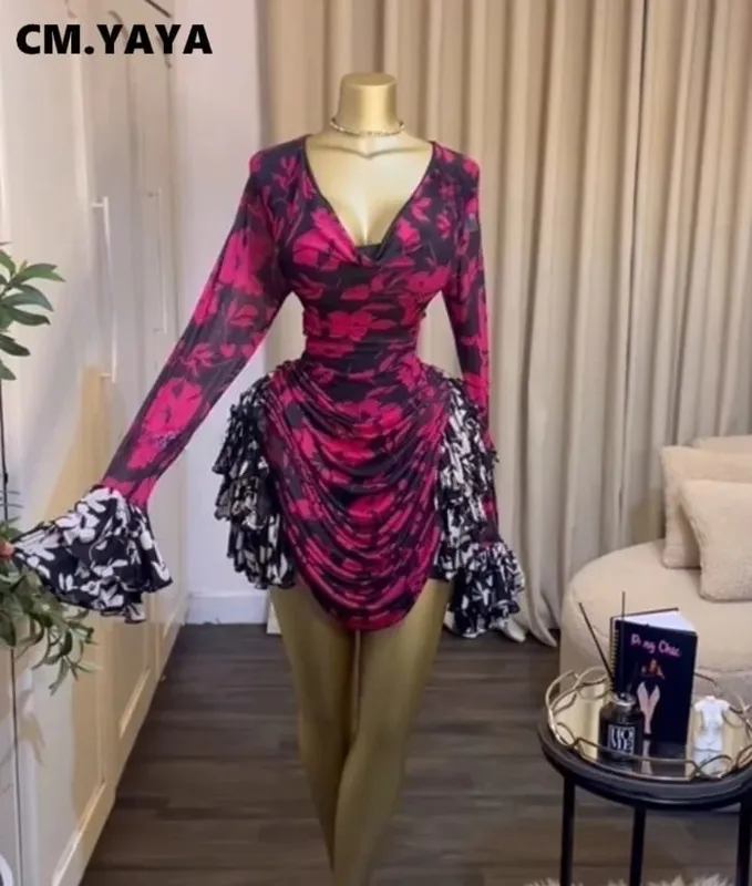 CM.YAYA Donna Tie Dye Stampa Cascata Ruffles Campana Manica lunga Aderente Increspato Drappeggiato Abito con scollo a V Vacanza al mare Abiti da vacanza