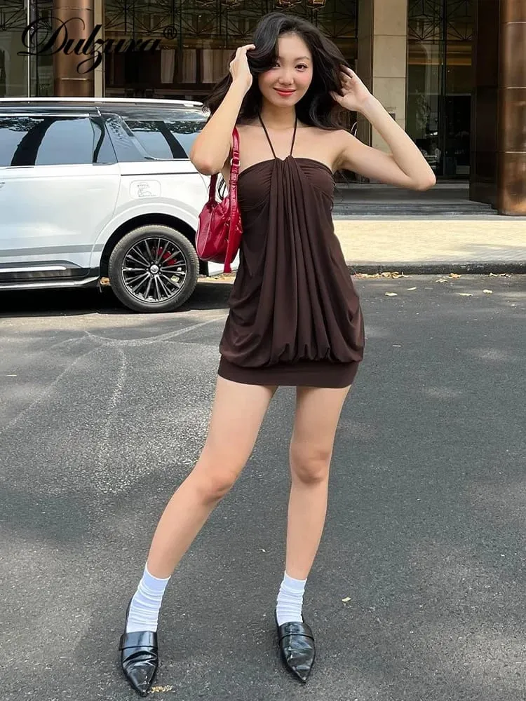 Dulzura Sexy Mini Halter Ruched Backless Short Dress Solid Sleeveless Women Dresses Summer Lady Party Birthday Club Clothes Y2K