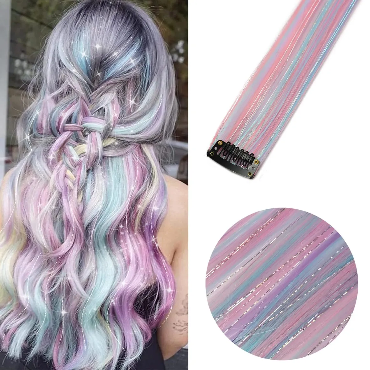 Unicorn Clip in Colored Hair Extensions Mixed Silver Tinsels Synthetic Rainbow Hair Holiday Party Highlights for Women Girls — image 2