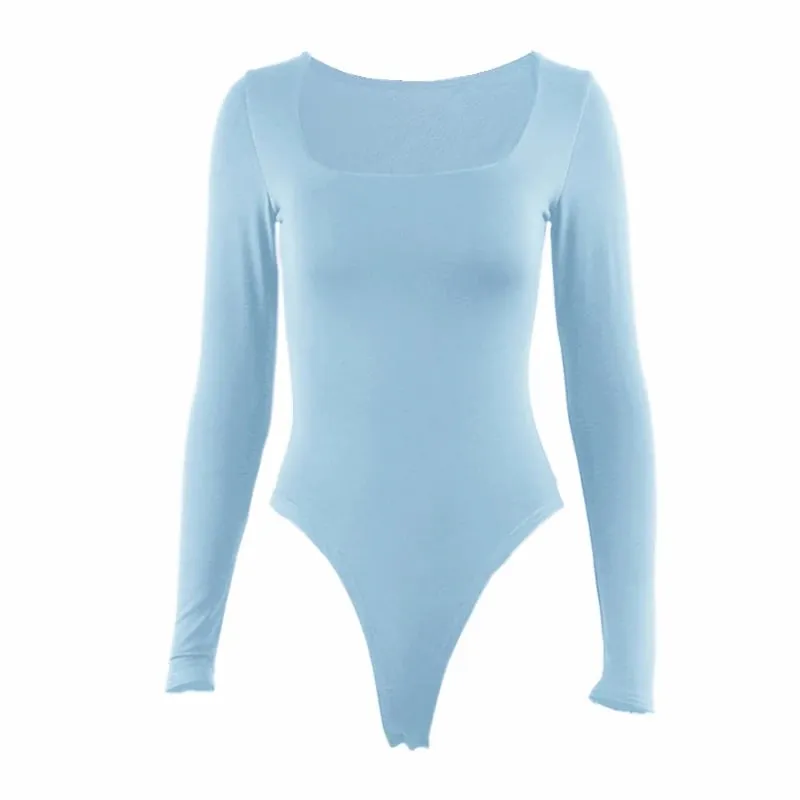 Long Sleeve Bodysuits Spring 2025 Square-Cut Collar Solid Bodycon Elastic Romper Sexy Y2k Women Clothing Fashion Club Party 2520