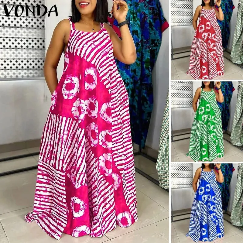 Plus Size 5XL Summer Bohemian Printed Maxi Dresses Sleeveless Party Beach Sundress Tank Long Vestido Casual Holiday Robe