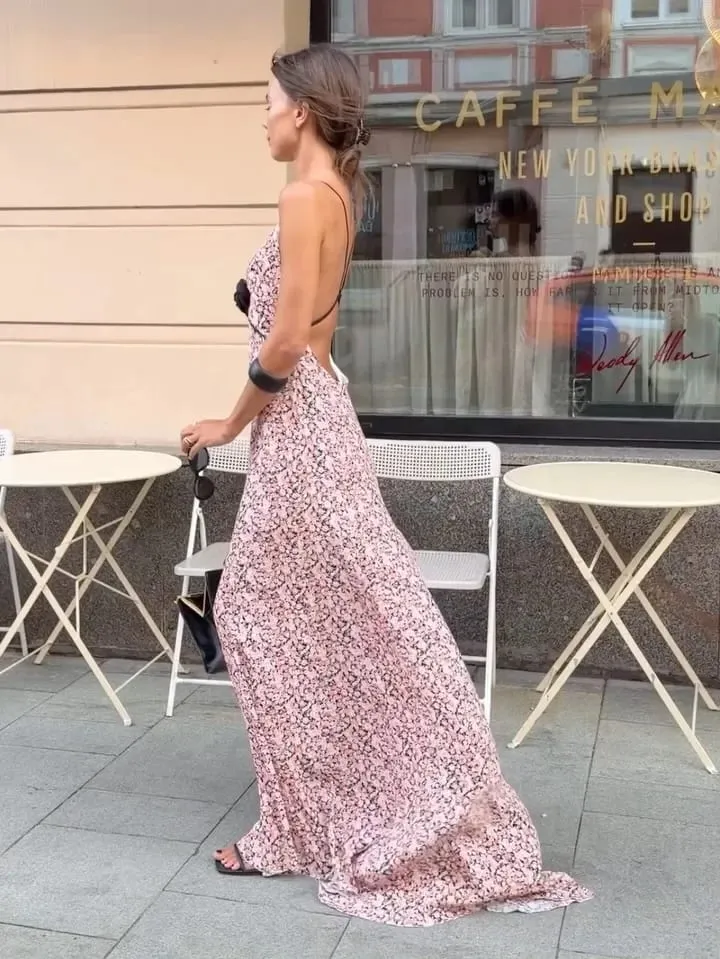 Pink Floral Printed Sling Maxi Dress Spaghetti Strap Deep V Neck Front Black Rose Detail Ruffle Hem Lady Street Vacation Dresses — image 3