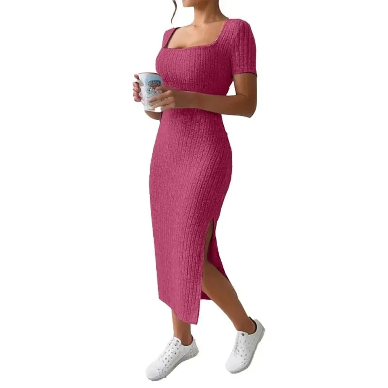 Summer Square Neck Hip-Hugging Mid-Length Skirt Short-Sleeved Versatile Knitted Slit Dress