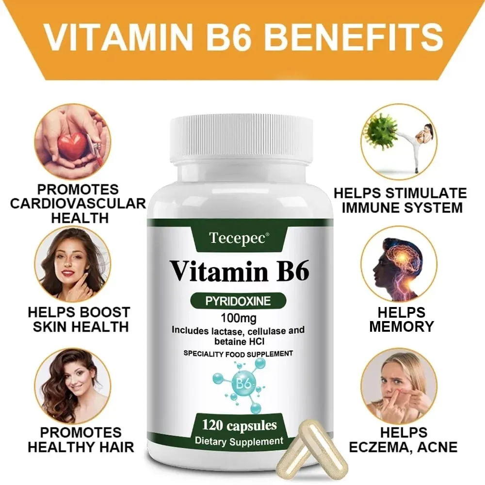 Vitamin B6 Capsules - Brain Function & Memory Concentration Cardiovascular Skin Hair Immune Non-GMO Dietary Supplement — image 3