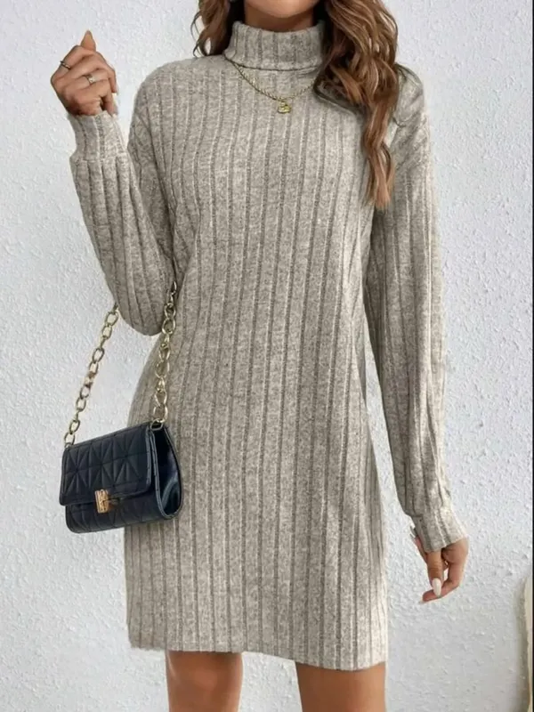 Autumn Winter Dress Woemn Casual Trutleneck Long Sleeve Solid Knitted Dress 2024 New Fashion Loose Comfortable Dresses Female — image 8