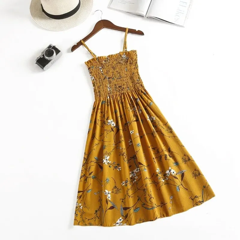ฤดูร้อนมินิเดรสแฟชั่นหญิง Elastic High เอว Casual สปาเก็ตตี้สายคล้องคอผู้หญิงชุดชีฟอง Vestidos