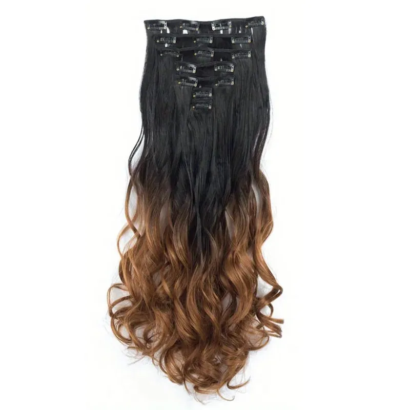 Clip in Hair Extensions Ombre Color Synthetic 7pcs Set Wavy Curly Hairpieces Black to Purple For Women Girls