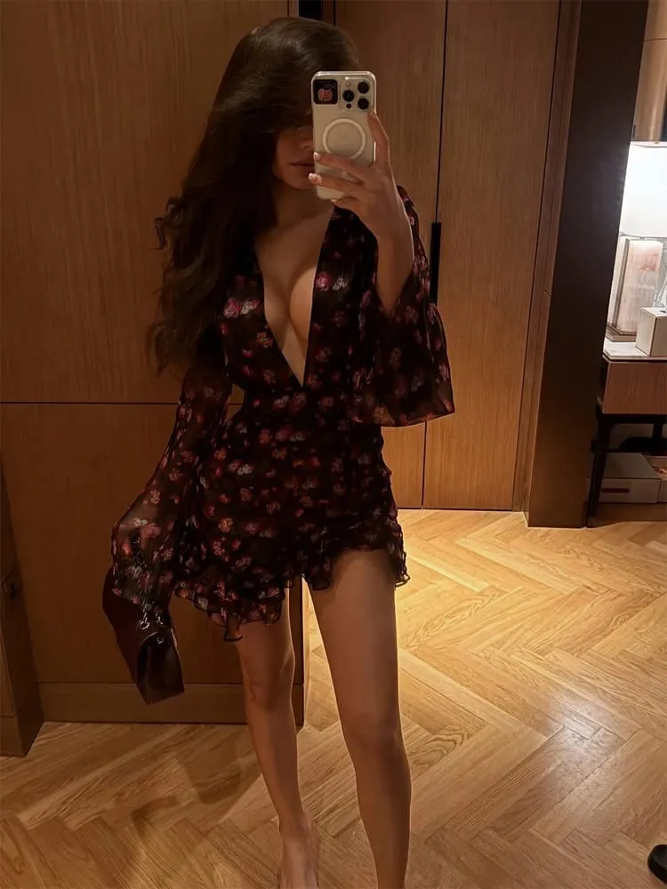 Elegant Flora Painted Ruffle Mini Dress Women Sexy Full Sleeve Deep V-neck Slim Short Robe 2026 Summer New Lady Party Club Wears