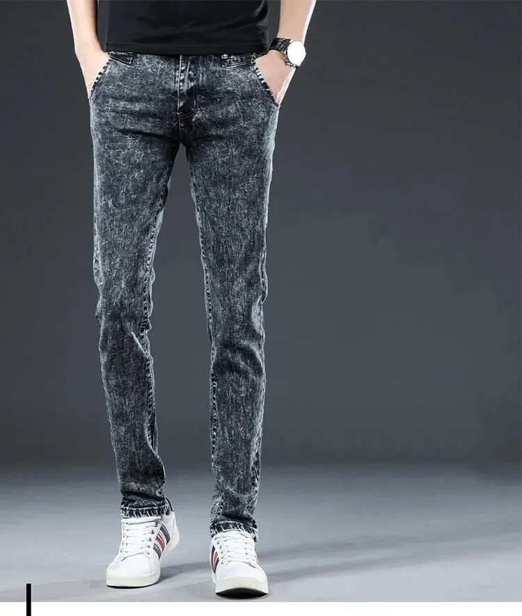 2024 Classic Korean Fashion Street Trendy Men Skinny Retro Snowflake Design Slim Fit Denim Pants New Elastic Cotton Men Jeans
